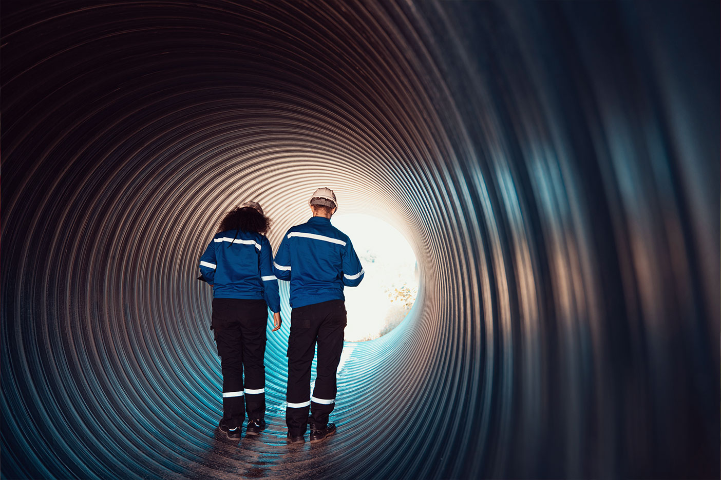 Two workers walk through a large pipe.